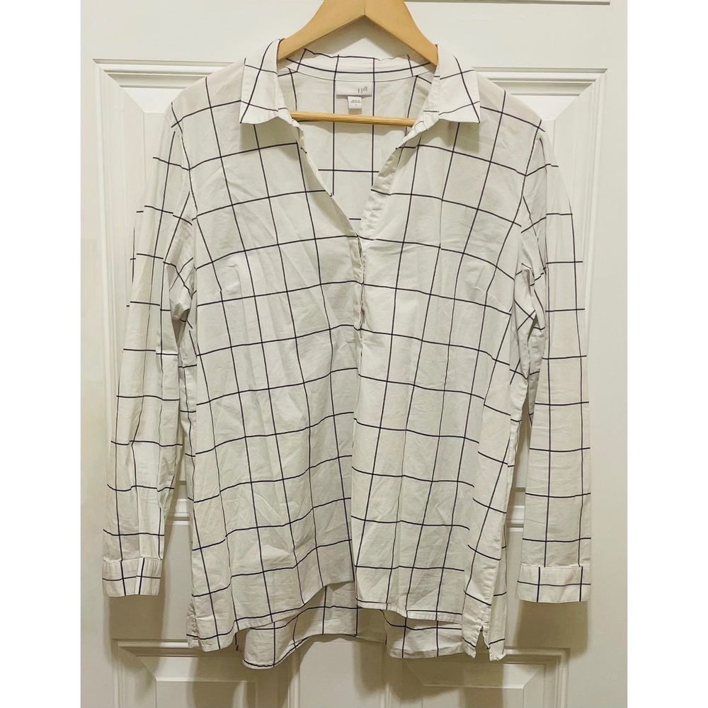 J Jill Windowpane Button Down Shirt Long Sleeve‎ Collared Top Size L